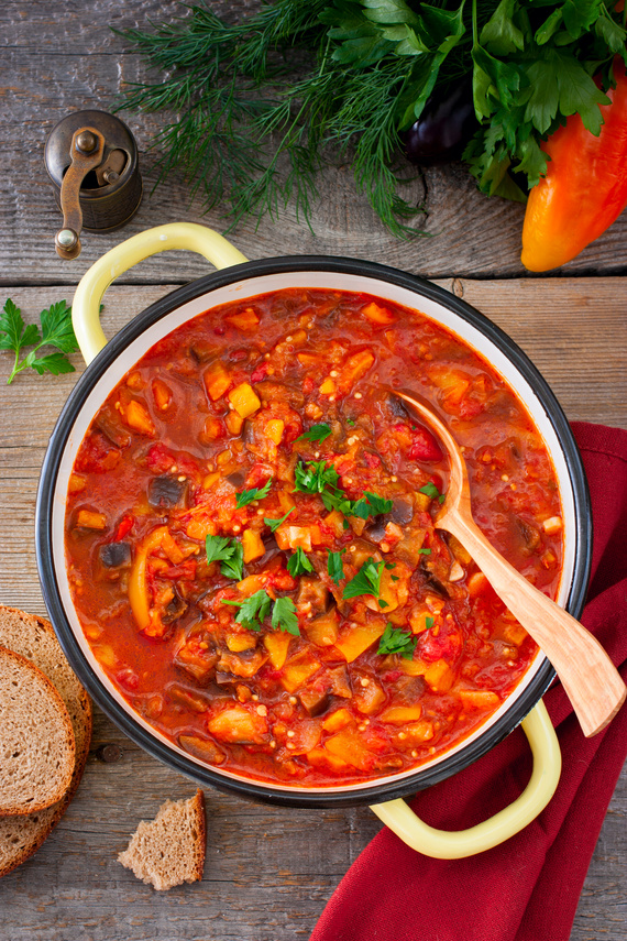 Vegetable gyuvech, a traditional dish for Moldovan, Romanian, Bulgarian cuisine, top view, selective focus